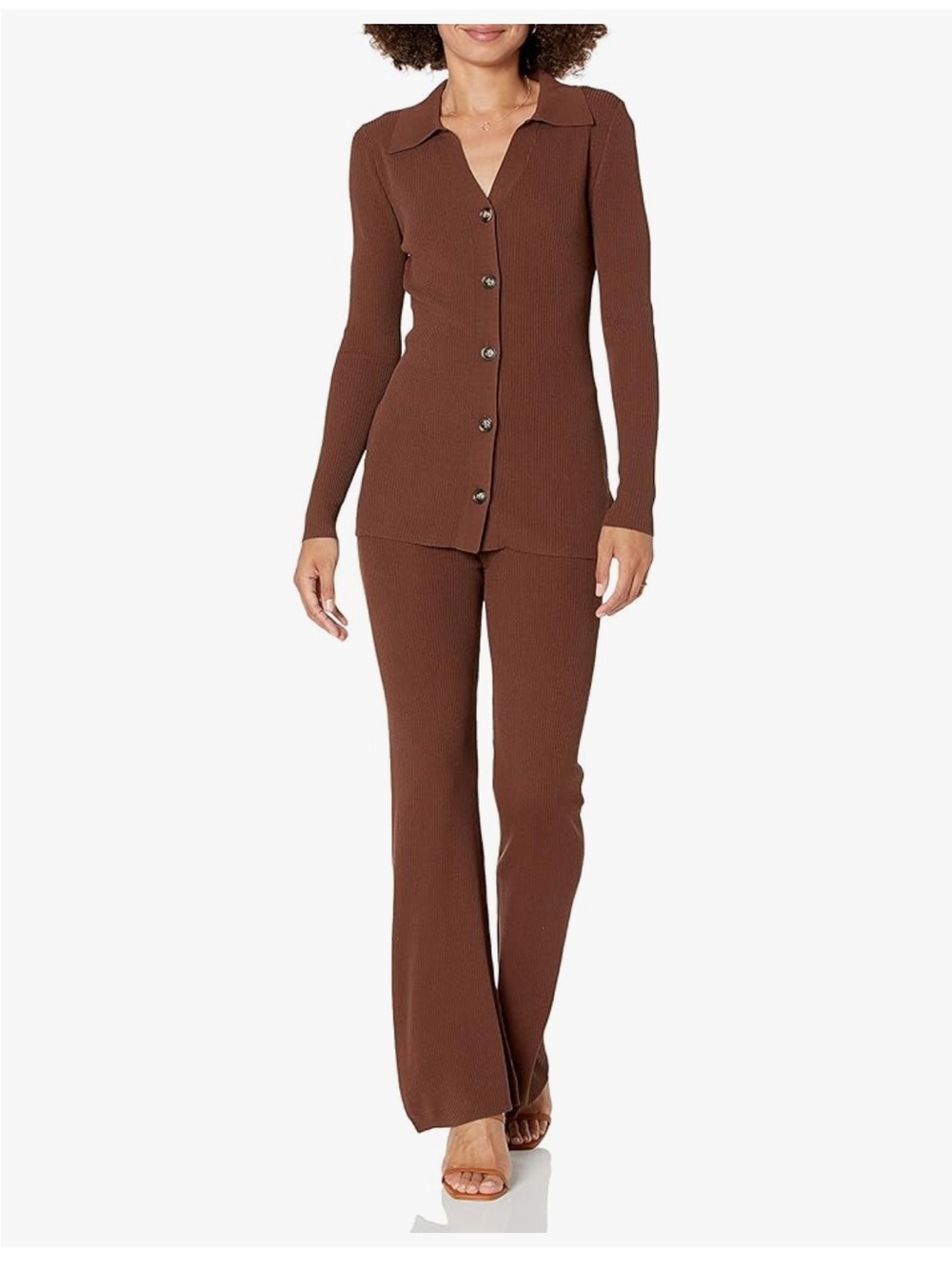 The Drop Ribbed Button-Up Top & Pants Matching Set in Chocolate Brown, XL
